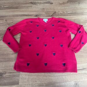 Women’s Quaker Factory Red V-Neck Sweater with Navy Heart Accents